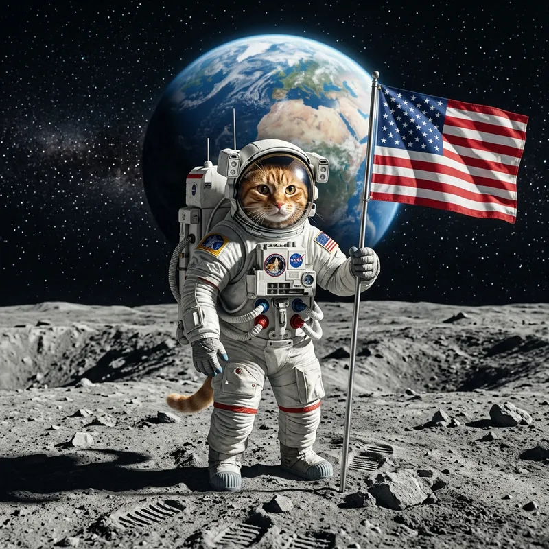 Feline Astronaut on Moon Holding American Flag | Hyperrealistic Spacescape