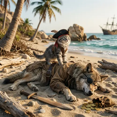 Victorious Grey Cat Pirate Defeats Sinister Wolf Pirate on Desert Island