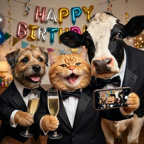Fun Birthday Celebration with Cat, Cow, and Dog in Tuxedos