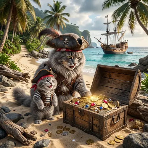 Fluffy Grey Pirate Cat Adventures for Treasure | Beautifully Detailed