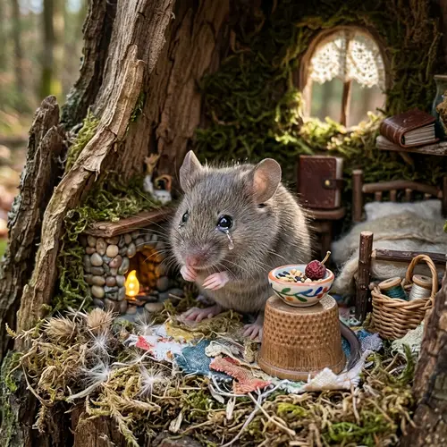 Hyperrealistic Grey Mouse Crying in Tiny Home