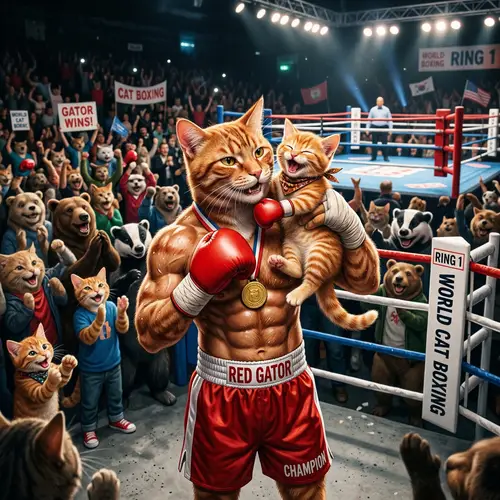 Playful Boxing Cat and Kitten Outside the Ring