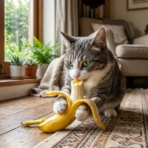 Puzzled Cat Eating Ripe Yellow Banana - Curious Indoor Scene