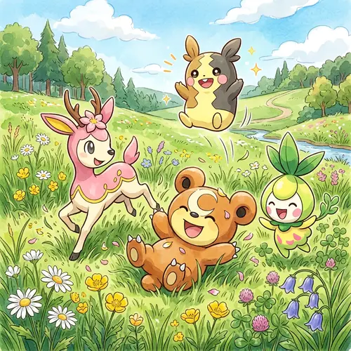 Teddiursa, Sesokitz, Morpeko & Lilminip Playing