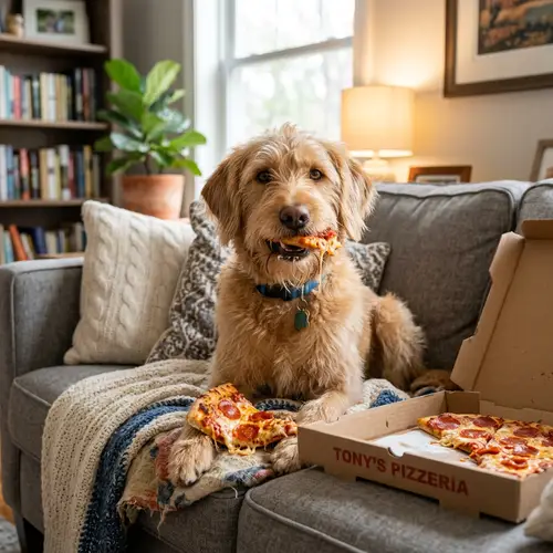 Cute Dog Eating Pizza on Sofa