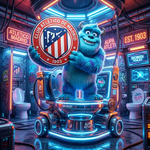 Blue Skibidi Monster with Atletico Madrid Emblem