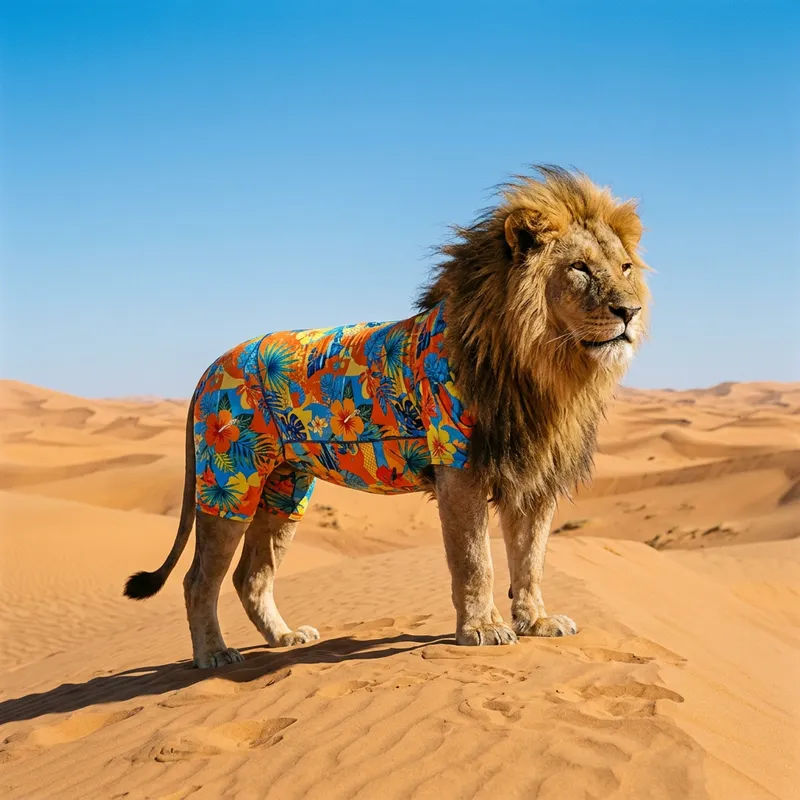 Colorful Swimsuit Lion in Desert: Stylish Fashion Icon Colorful Swimsuit Lion in Desert: Stylish Fashion Icon