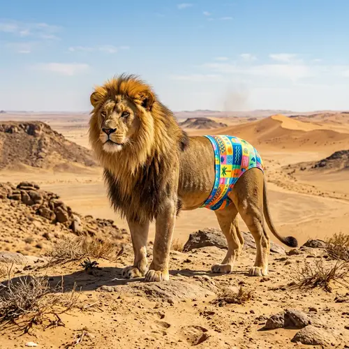 Lion in Colorful Swimwear Stands Out in Desert Landscape
