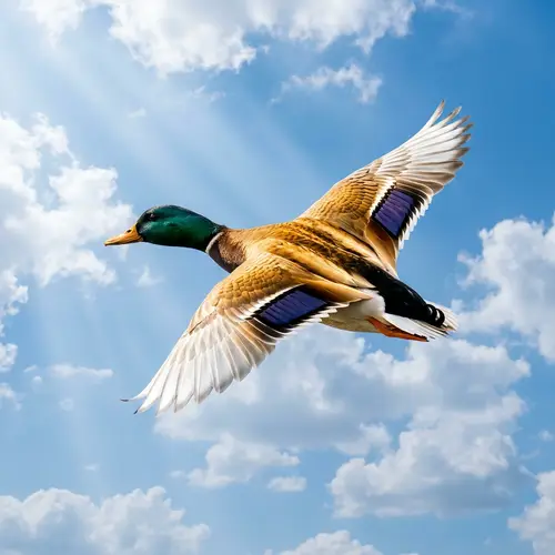 Flying Duck Gliding Through Clear Blue Sky - Enchanting Scene
