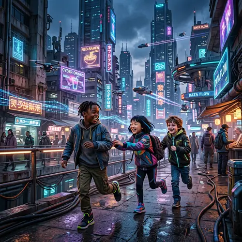 Children Playing in a Futuristic Cyberpunk City