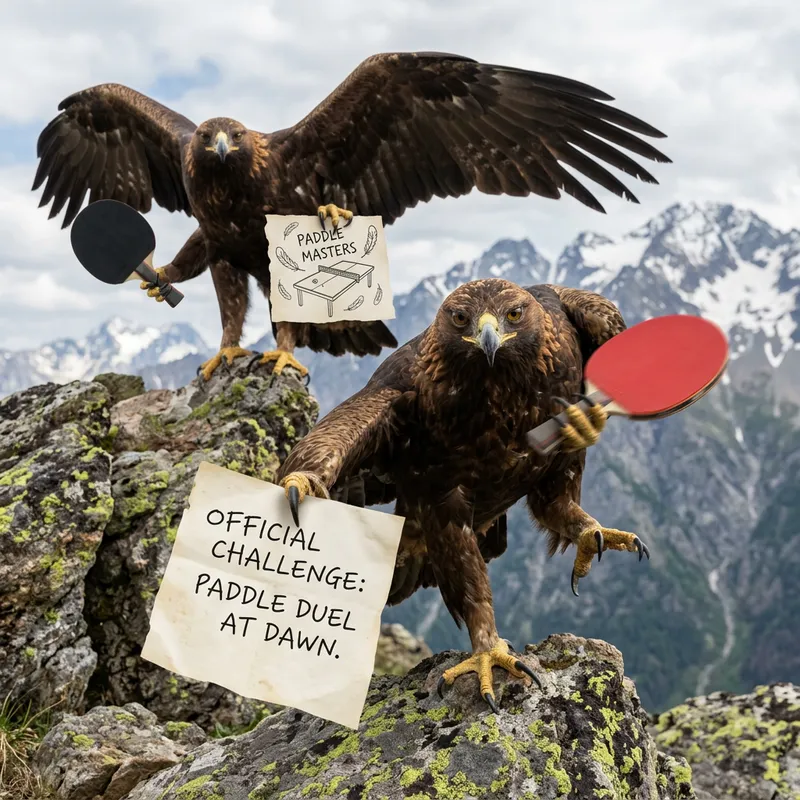 Majestic Eagles Swinging Ping Pong Paddle and Showing Paper