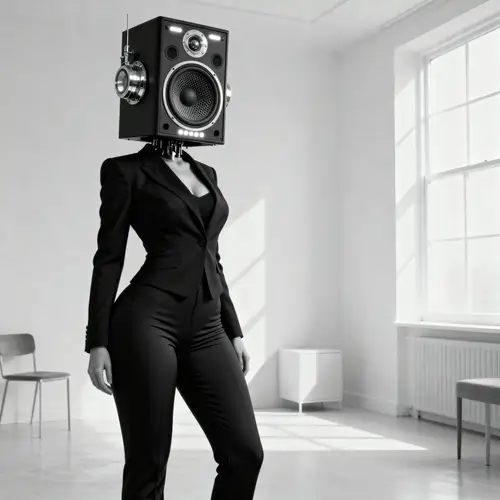 Woman with Speaker Head in Minimalist Room