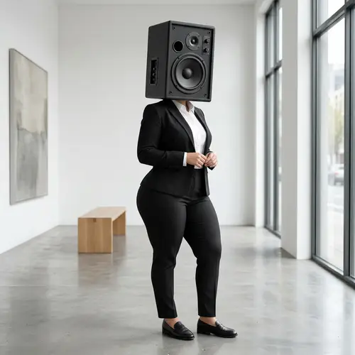 Woman with Speaker Head in Minimalist Room