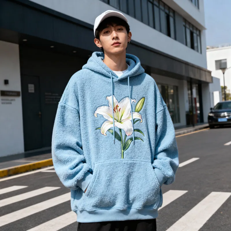 Skyblue Loose Fit Hoodie with Lilly Flowers