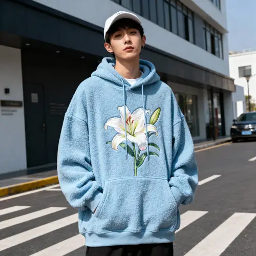 Skyblue Loose Fit Hoodie with Lilly Flowers