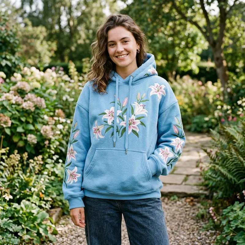 Skyblue Loose Fit Hoodie with Lilly Flowers