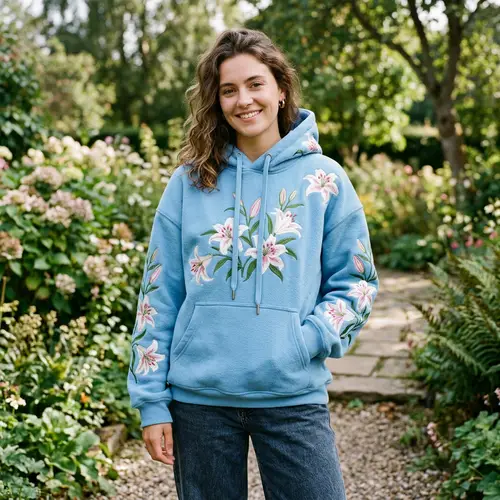 Skyblue Loose Fit Hoodie with Lilly Flowers