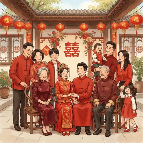 Traditional Chinese-Style Family Celebrating Parenthood on Wedding Occasion