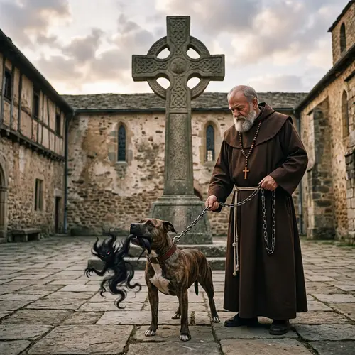 Religious Figure with Pit Bull and Mythical Entity in Mouth