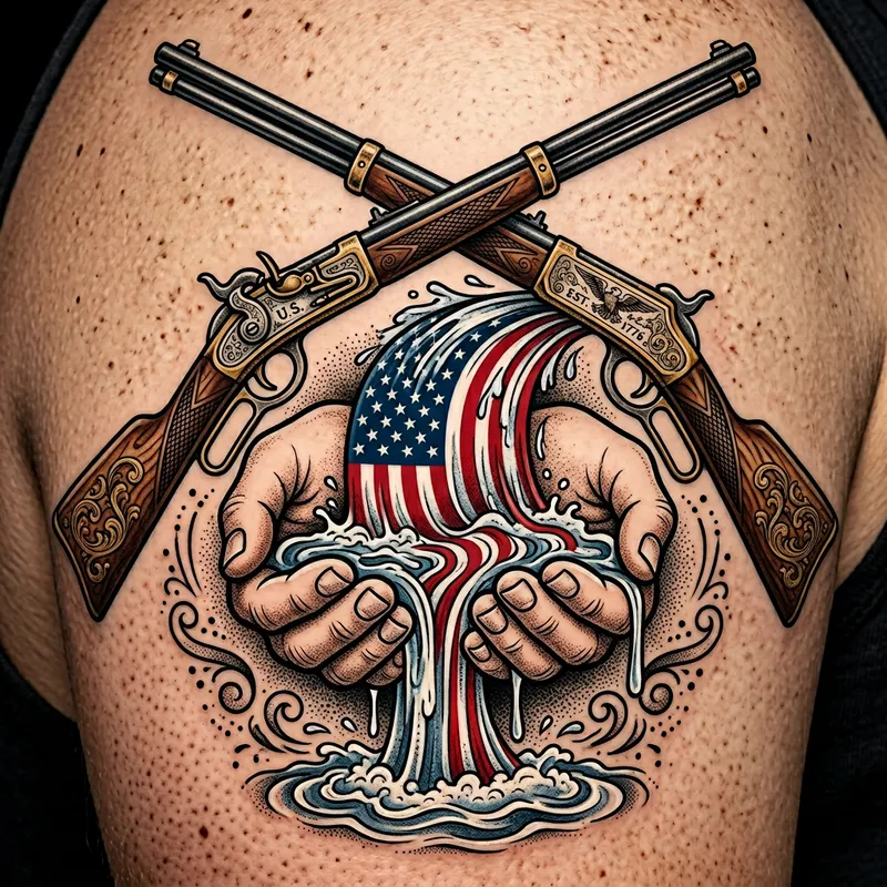 American Flag Waterfall Tattoo Art with Rifles