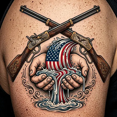 Vintage American Flag Waterfall Tattoo Art with Rifles