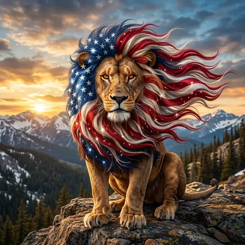 Majestic Lion with American Flag Mane - Symbol of Strength and Freedom