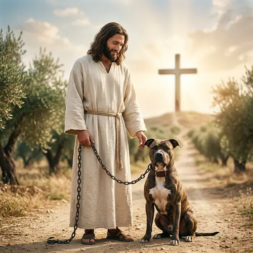 Divine Scene | Jesus-Like Man with Calm Pit Bull and Radiant Cross