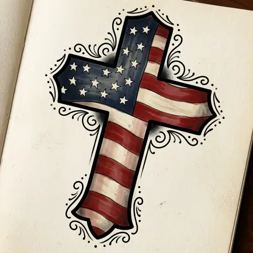 Cross Tattoo Design with Historical American Flag Symbolism