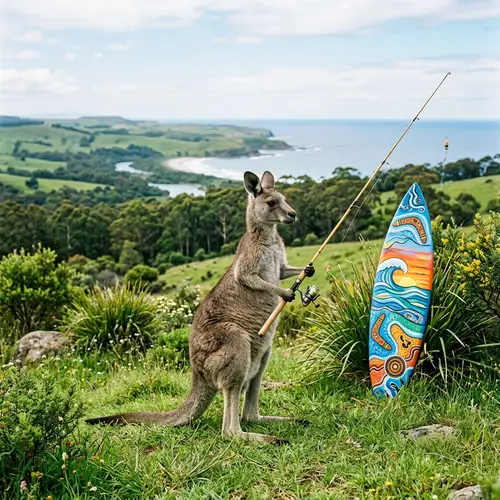 Kangaroo with Fishing Rod and Surfboard | Coastal Adventure