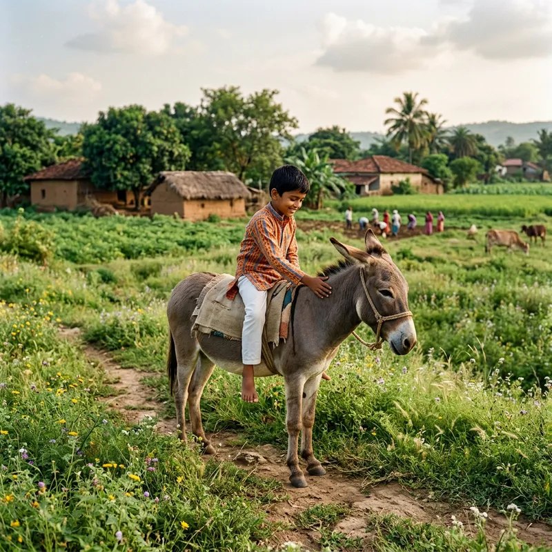 Indian Boy Seated on Donkey in Picturesque Village Field