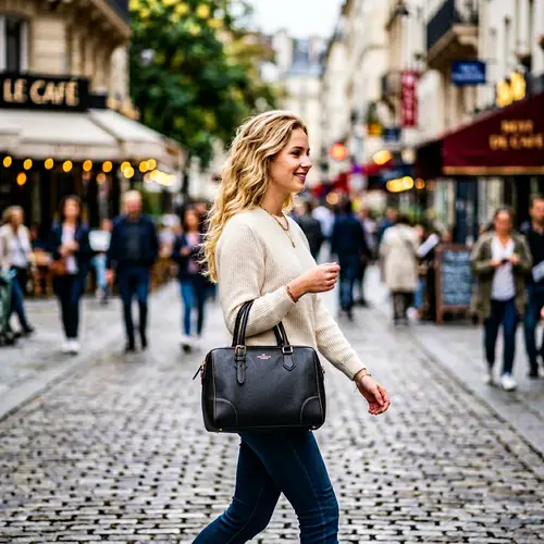 Beautiful Blonde Woman with Black Leather Handbag - Tilt-Shift Photo
