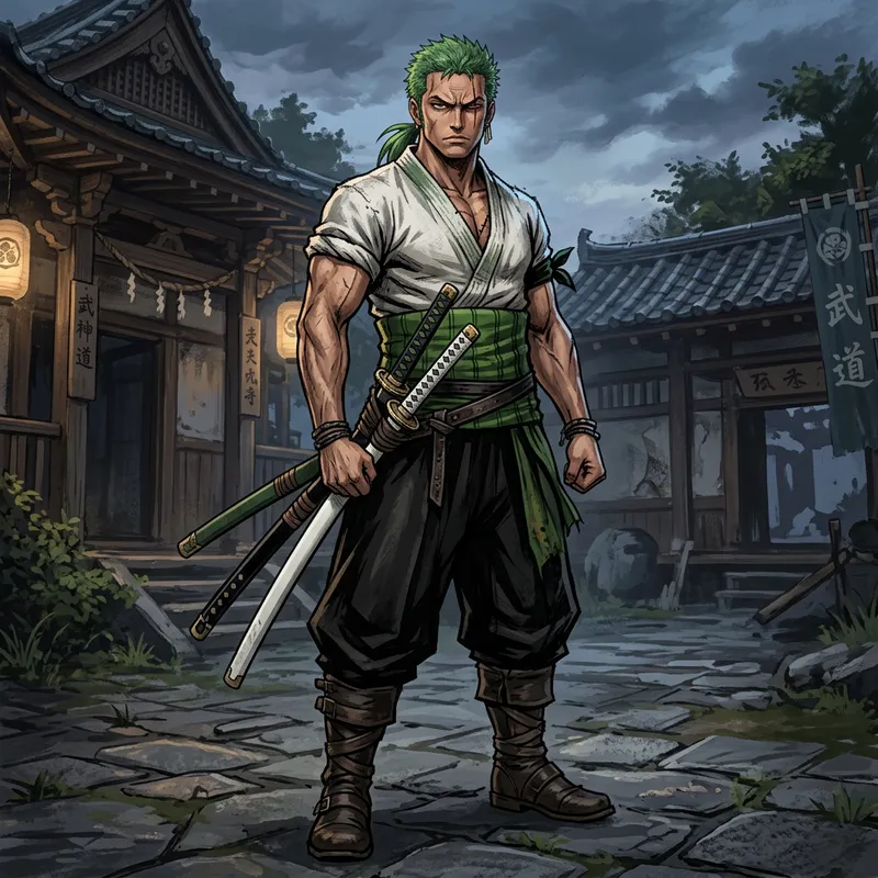 Zoro Concept Art: Green Attire & Three Katanas | Fictional Character Design