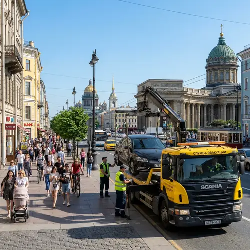 Tow Truck Transporting Modern Car in St. Petersburg | Urban Scene