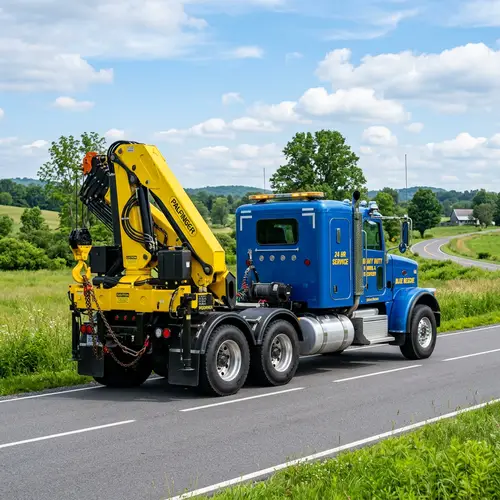 Sturdy Bright Blue Tow Truck with Yellow Crane Arm - Heavy-Duty Work