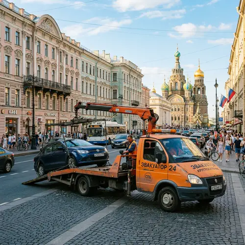 Historical Buildings and Tow Truck in St. Petersburg