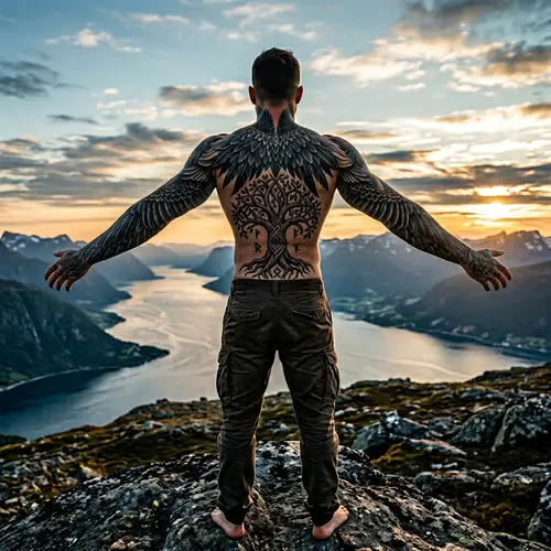 Man Tattooed with Raven Feathers and Yggdrasil in Norse Mythology