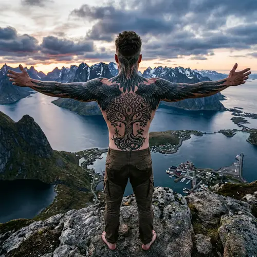 Mythical Tattooed Man with Raven Feather and Yggdrasil Wings