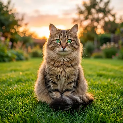 Majestic Brown & Black Cat on Green Lawn