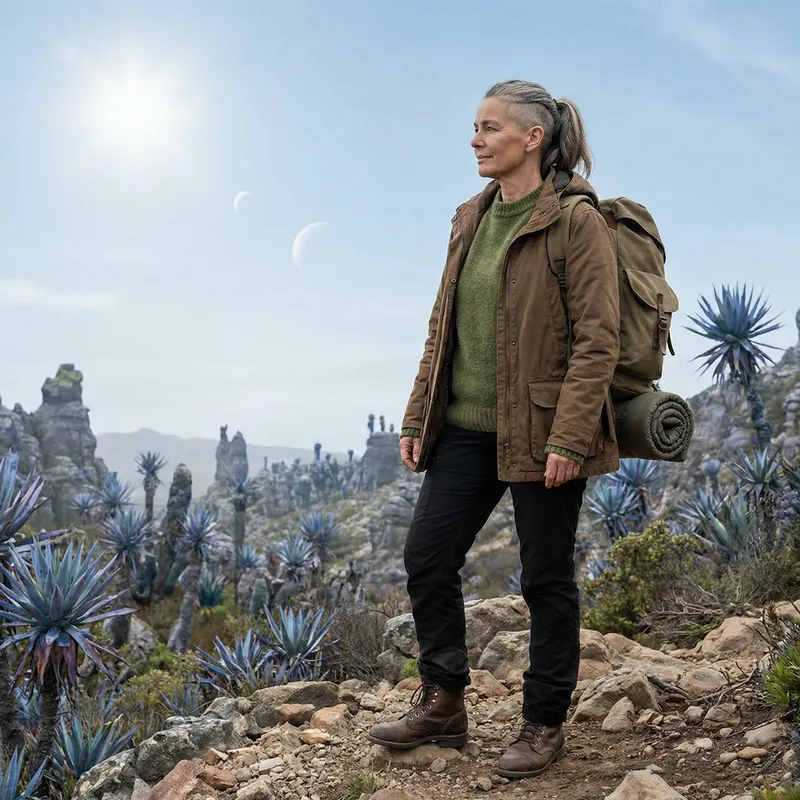 Serene Eco-Friendly Hiker in Unique Alien Landscape