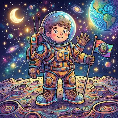 Cartoon Astronaut Design with Fingerprint Patterns