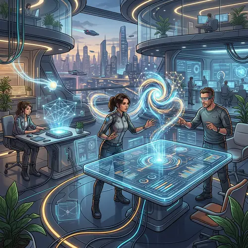 Futuristic Workspace: Humans & AI Collaboration