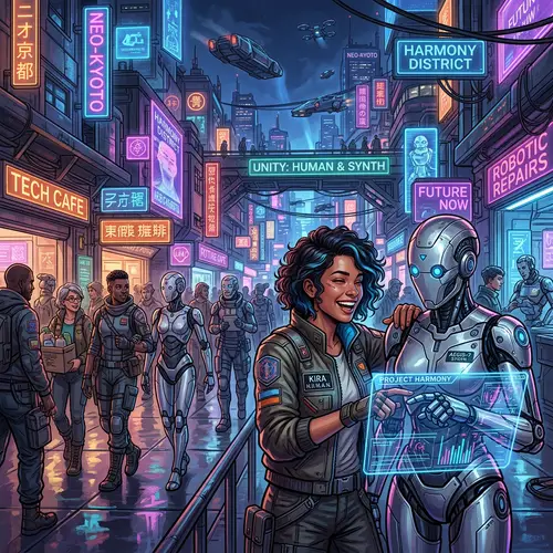 Vibrant Cyberpunk City: Humans & Robots Unite