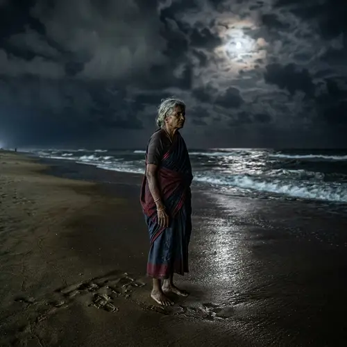Eerie Elderly Woman on Moonlit Night Beach