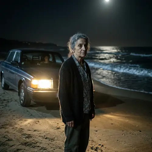 Elderly Woman Standing Between Night Beach & Car Headlights