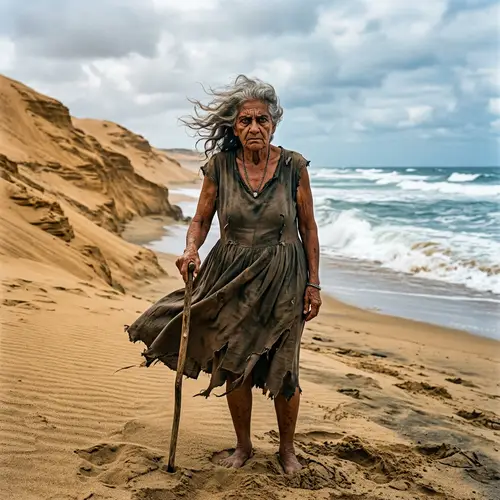 Elderly Hispanic Woman Standing on Barren Beach