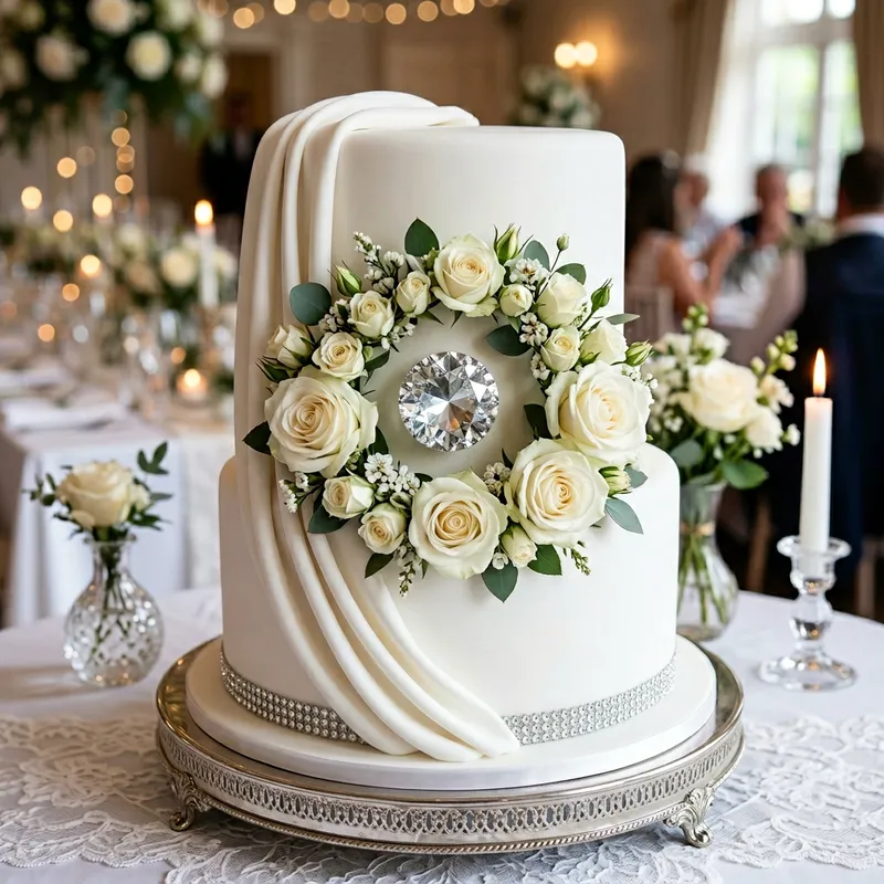 Elegant White Tier Cake with Roses and Diamante