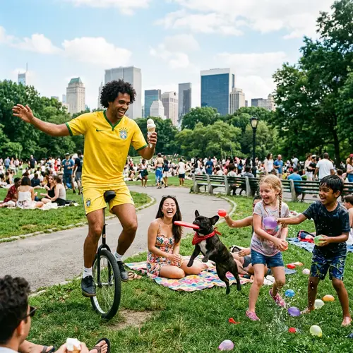 Fun-Filled Day in the City Park: Unicycle, Frisbees, and Water Balloon Fight