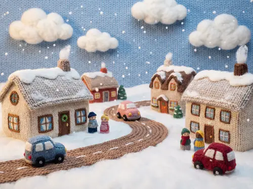 Handcrafted Winter Scene in Yarn and Wool