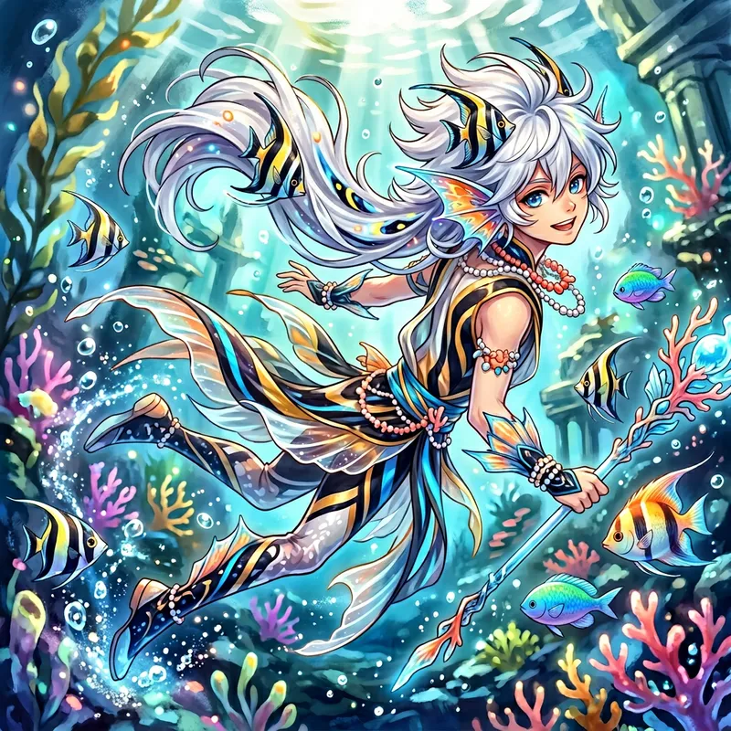 Anime Boy with Vibrant White Hair and Fish Fin-Shaped Ears | Angel Fish-Inspired Design