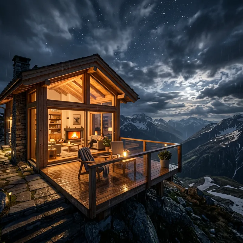 Tranquil Mountain House Interior Overlooking Mountains on a Rainy Night